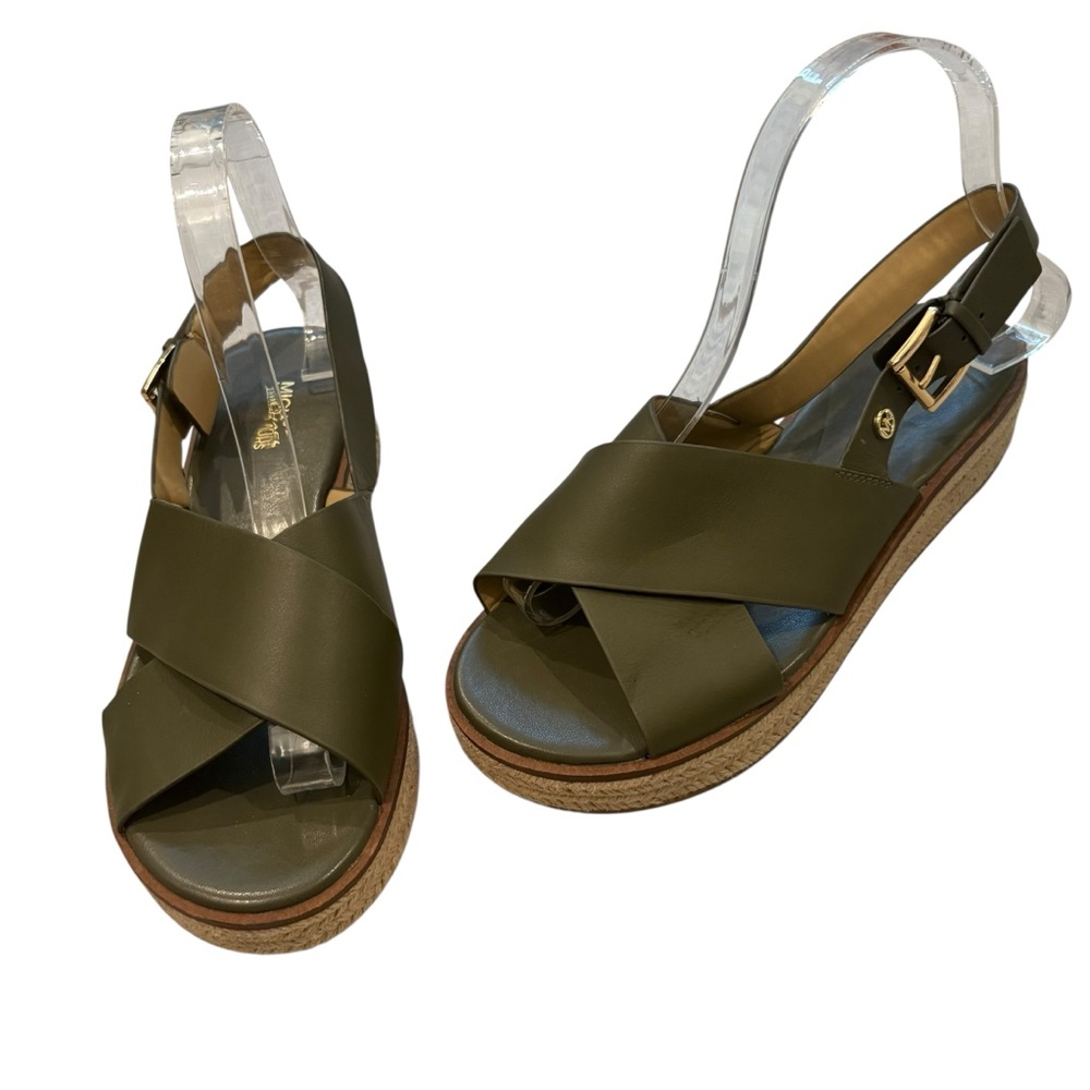 Michael Michael Kors Meryl Leather Criss Cross Espadrille Platform Olive, Sz 8 - Picture 3 of 14